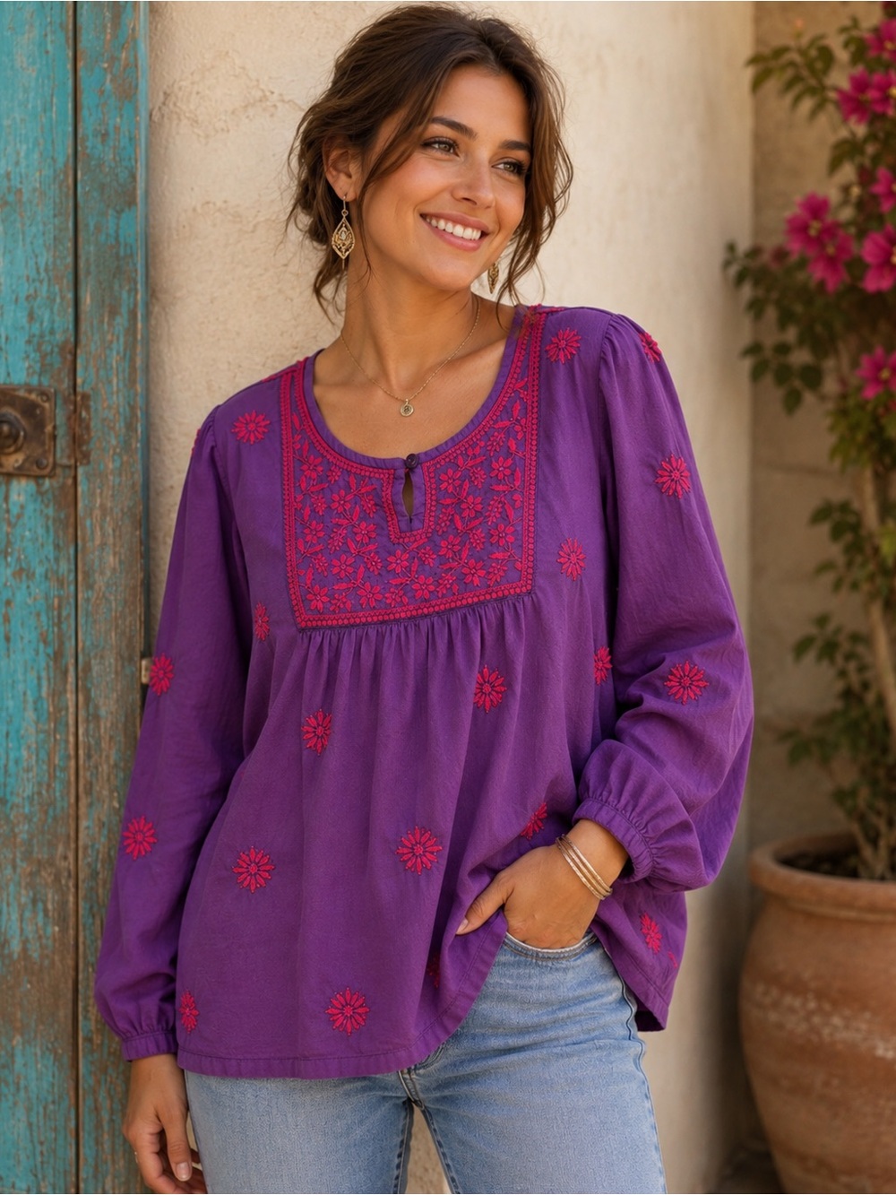 Ayurvastram Purple Pink Embroidered Cotton Boho Peasant Blouse Size L Artisan